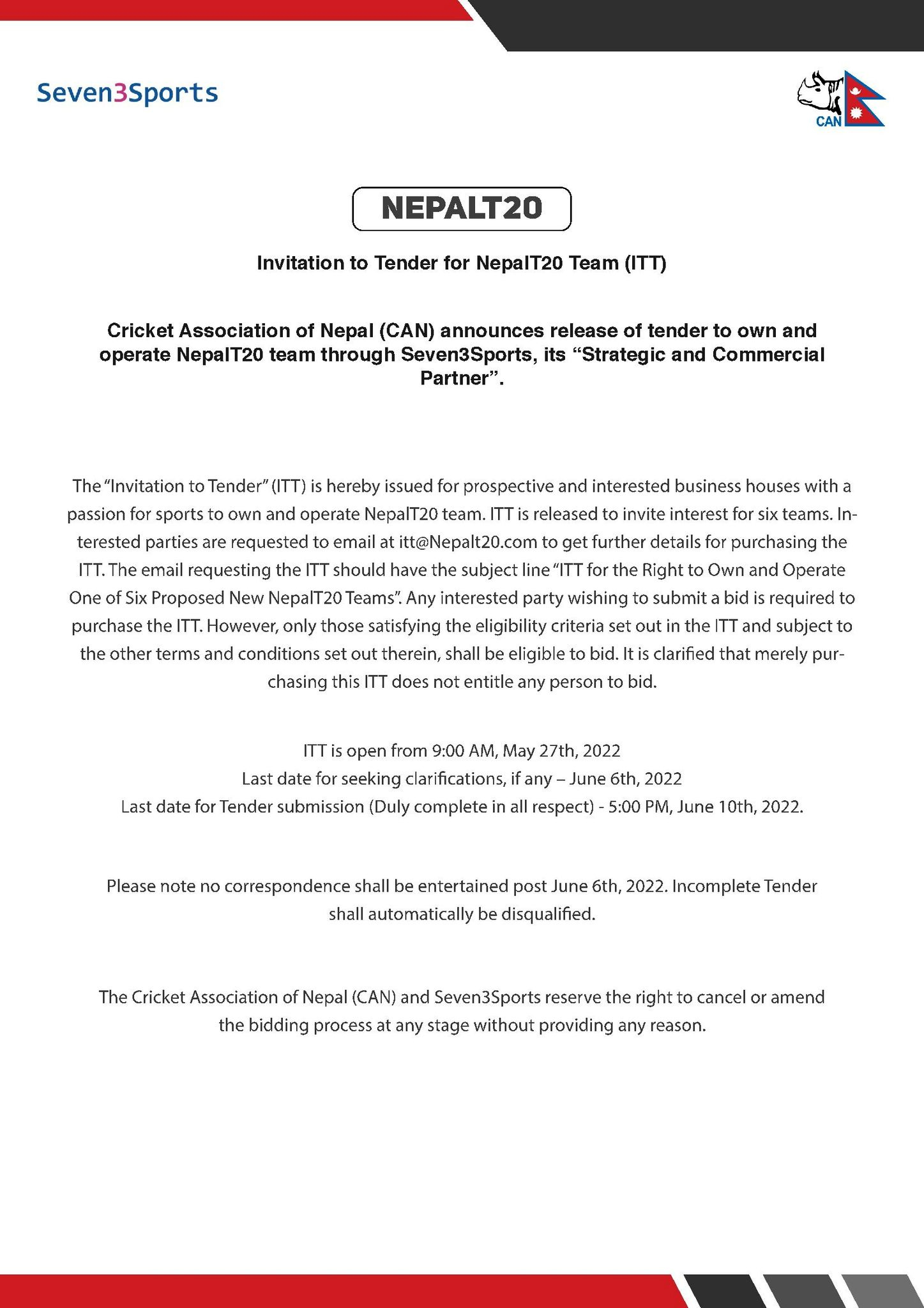 टिम खरिद गर्न क्यानको टेन्डर आह्वान