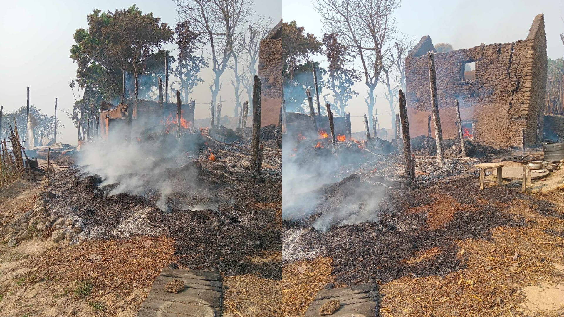 गजुरीमा वनमा लागेको आगो गाउँमा पस्दा दुई घर जलेर नष्ट