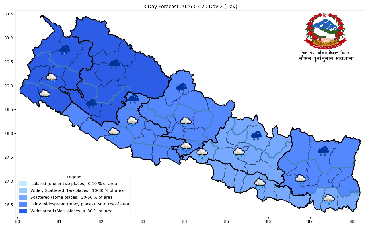 पश्चिमी न्यून चापीय प्रणालीको प्रभावले देशका विभिन्न भागमा बदली, वर्षा र हिमपातको सम्भावना पश्चिमी न्यून चापीय प्रणालीको प्रभावले देशका विभिन्न भागमा बदली, वर्षा र हिमपातको सम्भावना