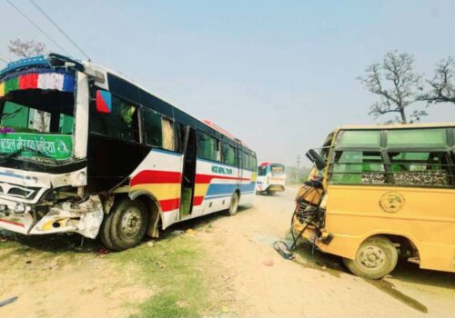 नवलपरासीमा स्कुल बस र यात्रुवाहक बस ठोक्किदा २० जना घाइते