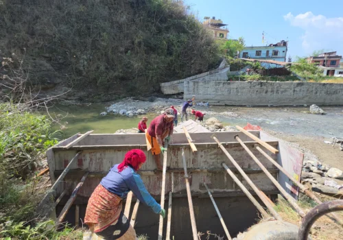 स्थानीयको पहलमा धादिङको पहरेभिर कोत्रेस्थित थोपल खोलामा पुल बन्दै